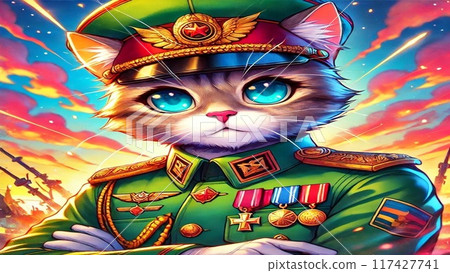 Cat dressed up in military uniform 117427741