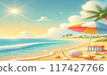 帶有雨傘和草帽的夏日大海和海灘的向量圖解 117427766