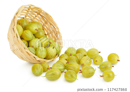 Green gooseberry in a wicker basket isolated on white background with full depth of field. 117427868
