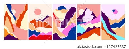 Set of wall art illustrations featuring landscapes in Japanese or Korean style. The vector designs depict serene mountain scenes, sunrises, and sunsets 117427887