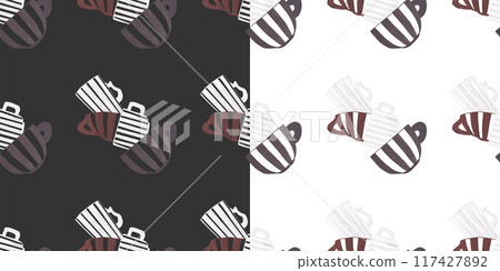 Striped cups. Abstract gouache illustration. Seamless pattern for tablecloth and textiles cafe, kitchen 117427892