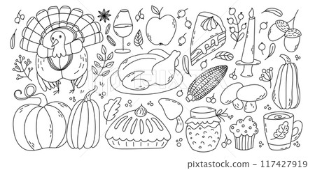 Thanksgiving doodles set. Traditional symbols - turkey, pumpkin pie, corn, apple, wine. Thanksgiving doodles set. Traditional symbols - turkey, pumpkin pie, corn, apple, wine. 117427919