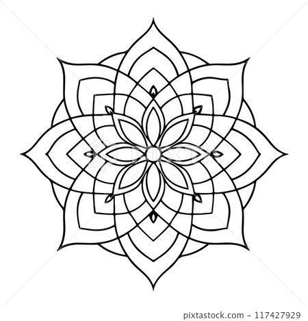 Hand-drawn mandala in vector format. A vibrantly decorated mandala. Separate flower decoration with a tribal theme. An anti stress coloring page for a coloring book. Hand-drawn mandala in vector format. A vibrantly decorated mandala. Separate flower decoration with a tribal theme. An anti stress coloring page for a coloring book. 117427929