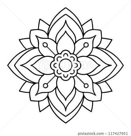 Hand-drawn mandala in vector format. A vibrantly decorated mandala. Separate flower decoration with a tribal theme. An anti stress coloring page for a coloring book. Hand-drawn mandala in vector format. A vibrantly decorated mandala. Separate flower decoration with a tribal theme. An anti stress coloring page for a coloring book. 117427951