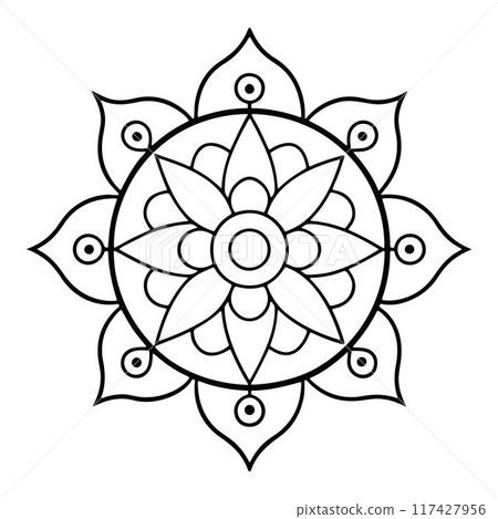 Hand-drawn mandala in vector format. A vibrantly decorated mandala. Separate flower decoration with a tribal theme. An anti stress coloring page for a coloring book.  117427956