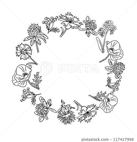 Floral wreath made of wild flowers in doodle style 117427998