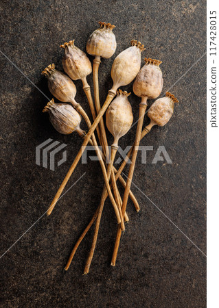 Dry poppy head on black table. Top view. Dry poppy head on black table. Top view. 117428015