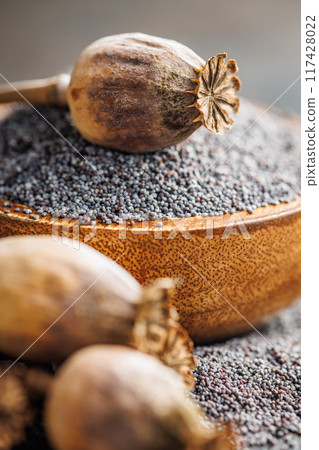 Dry head and poppy seed in bowl on kitchen table. Dry head and poppy seed in bowl on kitchen table. 117428022
