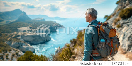 Elderly man hiking on a mountain trail. Middle-aged man hiking 117428124