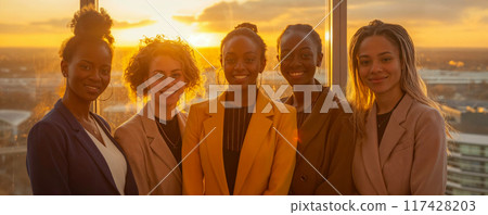 Group of diverse looking business women in an modern office. Stylish happy office staff. Feminism concept. Businesswomen team in office 117428203