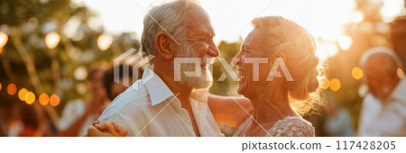 Happy senior couple dancing. Middleaged peope dancing at an outdoor party. Outdoor wedding party 117428205