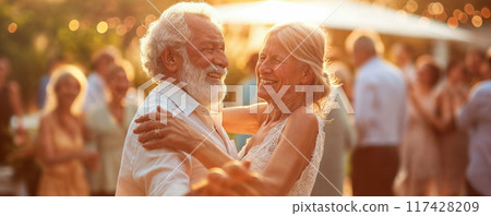 Happy senior couple dancing. Middleaged peope dancing at an outdoor party. Outdoor wedding party 117428209