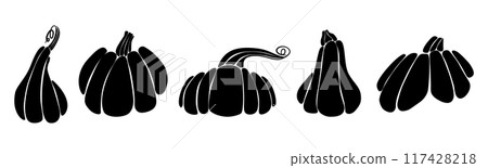 A set of pumpkin silhouette.  Black and white pumpkins. Fall harvest. 117428218