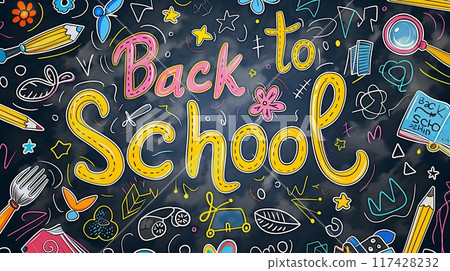 Back to school chalk on blackboard background. Back to school banner 117428232