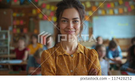 Female teacher. Portrait of a happy teacher in a classroom 117428252
