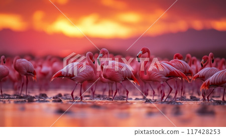 Flamingo. A large group of pink flamingos walking in the lake Flamingo. A large group of pink flamingos walking in the lake 117428253