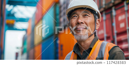 Chinese worker standing in front of stacked shipping containers. Container terminal - freight shipping background. International trade banner. Import export concept. Chinese worker standing in front of stacked shipping containers. Container terminal - freight shipping background. International trade banner. Import export concept. 117428383