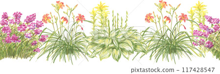 Seamless pattern of floral elements drawn with colored pencilsFlowering and herbaceous plants of different shapes, flowerpots and garden tools. Seamless pattern of floral elements drawn with colored pencilsFlowering and herbaceous plants of different shapes, flowerpots and garden tools. 117428547