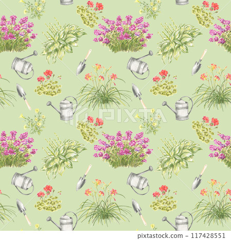 Seamless pattern of floral elements drawn with colored pencilsFlowering and herbaceous plants of different shapes, flowerpots and garden tools. Seamless pattern of floral elements drawn with colored pencilsFlowering and herbaceous plants of different shapes, flowerpots and garden tools. 117428551