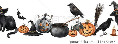 Seamless pattern of hand-drawn Halloween elements to create festive packaging Seamless pattern of hand-drawn Halloween elements to create festive packaging 117428567