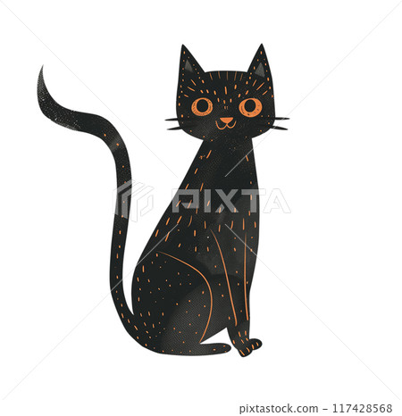 Black cat in the style of children's illustration. Element of festive decor for Halloween on a white background. Black cat in the style of children's illustration. Element of festive decor for Halloween on a white background. 117428568