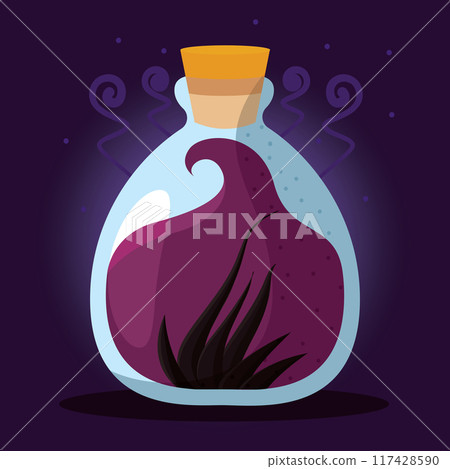 Magical potion bottle with liquid, Vector 117428590