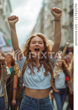 Young woman leads crowd in protest Shouting and raising fists in the street. Young woman leads crowd in protest Shouting and raising fists in the street. 117428709