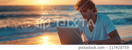 Caucasian man in casual clothes using laptop Working at a desk on the beach. Caucasian man in casual clothes using laptop Working at a desk on the beach. 117428759