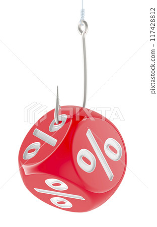 Dice with percent signs on the fishing hook, 3D rendering Dice with percent signs on the fishing hook, 3D rendering 117428812