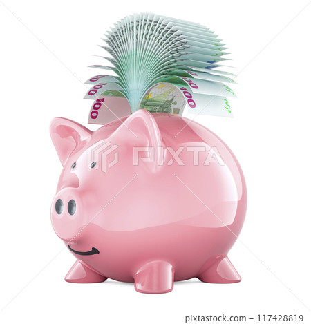 Piggy bank with euro bills, 3D rendering 117428819