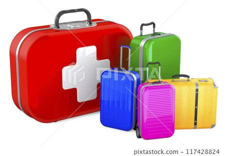 Travel First Aid Kit, concept. First aid kit with suitcases, 3D rendering 117428824