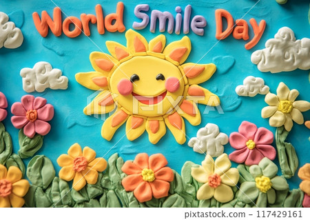 Colorful celebration of World Smile Day with a cheerful sun and vibrant flowers on a bright blue background. Generative AI 117429161