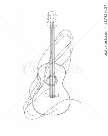 Illustration of an acoustic guitar outlined in a minimalist style showcasing its curves and neck in a simplistic design. Generative AI Illustration of an acoustic guitar outlined in a minimalist style showcasing its curves and neck in a simplistic design. Generative AI 117429184