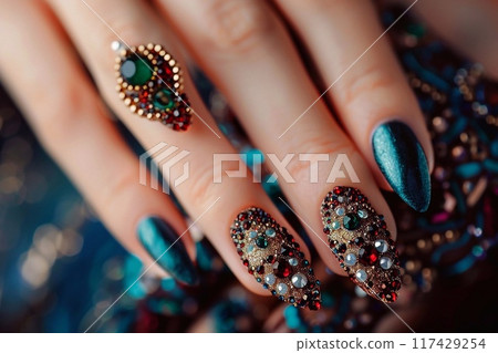 Female hands with long nails and multi-colored manicure with rhinestones. Female hands with long nails and multi-colored manicure with rhinestones. 117429254