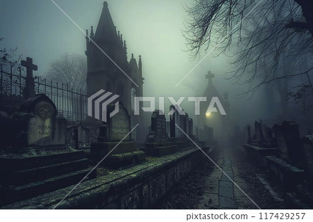 Gothic cemetery in a foggy misty night. Halloween concept. 117429257