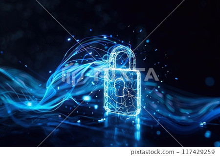 Data security concept with glowing padlock on dark background Data security concept with glowing padlock on dark background 117429259