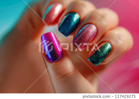 Female hand with glitter nail design. Nail polish manicure.  117429275