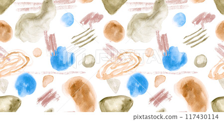 Abstract bright watercolor seamless pattern with hand painted shapes and brush strokes. Trendy and stylish brown and blue textured print for textile, wrapping paper, cover, surface, wallpaper 117430114