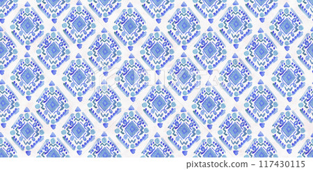 Doodle watercolor paint pattern with blue abstract rhombus motif. Cute watercolour turquoise ikat ornament for kids textile, wrapping paper, wallpaper, surface design, print Doodle watercolor paint pattern with blue abstract rhombus motif. Cute watercolour turquoise ikat ornament for kids textile, wrapping paper, wallpaper, surface design, print 117430115