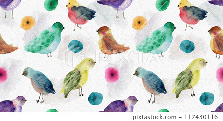 Watercolor seamless pattern with cute hand painted doodle birds. Bright loose watercolour bird and colorful stains print for kids textile design, wallpaper, background, wrapping paper 117430116