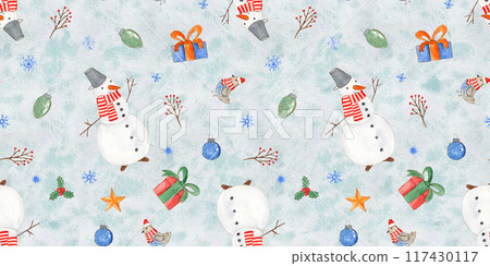 Cute blue Christmas seamless pattern with watercolor painted elements. New Year print with snowmen, giftbox, birds and snowflakes for textile, wrapping paper, wallpaper, winter decor Cute blue Christmas seamless pattern with watercolor painted elements. New Year print with snowmen, giftbox, birds and snowflakes for textile, wrapping paper, wallpaper, winter decor 117430117
