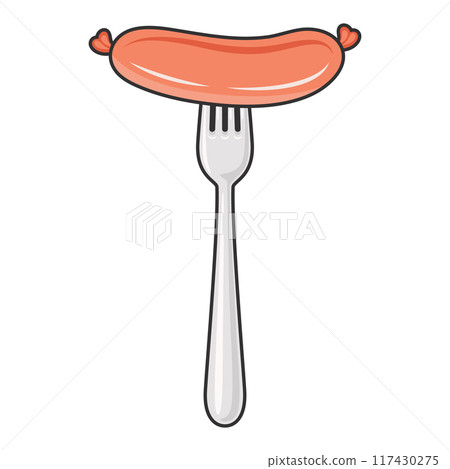 Vector Flat Sausage and Fork Icon Isolated on a White Background. Cartoon Style Sausage and Fork Design Template, Outline Color Illustration. Food and Culinary Concept 117430275
