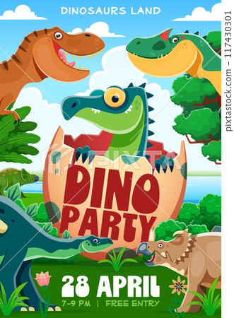 Kids dino party flyer with funny prehistoric dinosaurs, vector cartoon poster background. Kids party invitation flyer for birthday or music entertainment and summer event with funny Jurassic dinosaurs 117430301