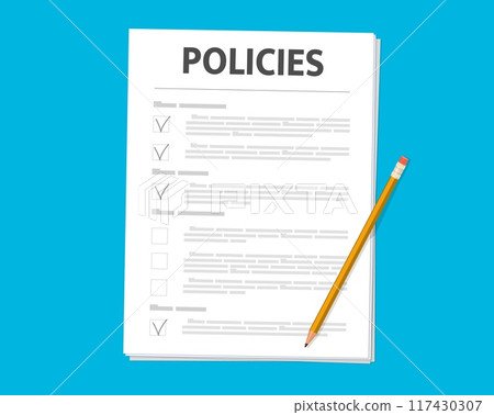Compliance policy legal document with checklist of business company rules and standards. Vector paper document of compliance policy agreement, corporate guideline with check marks and pencil 117430307
