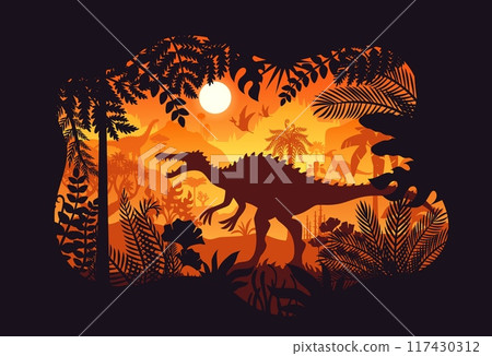 Prehistoric Spinosaurus dinosaur silhouette in jungle forest sunset, vector background. Dinosaurs silhouette in sunset landscape of Jurassic era, roaring suchomimus, hypselosaurus in night forest 117430312