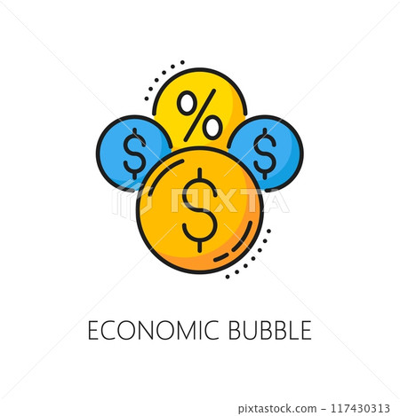 Economic bubble color line icon of financial crisis, stock market prices crash and inflation. Outline vector money balloons with dollar and percent signs, economy, finance and business recession Economic bubble color line icon of financial crisis, stock market prices crash and inflation. Outline vector money balloons with dollar and percent signs, economy, finance and business recession 117430313