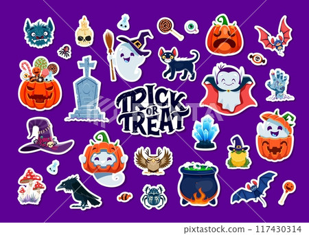 Halloween stickers. Funny cute animals, kawaii ghosts, witch items and holiday sweets cartoon vector set. Zombie hand and eyeball, owl, candies, bat and black cat. Hat, crow, frog and amanita mushroom 117430314