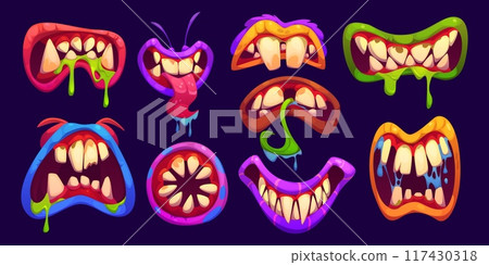 Halloween monster mouth with drool jaws and saliva tongue. Cartoon vector spooky lips and maws in vibrant red, blue, green or purple colors. Playful, fun and eerie alien, zombie or monster mouths Halloween monster mouth with drool jaws and saliva tongue. Cartoon vector spooky lips and maws in vibrant red, blue, green or purple colors. Playful, fun and eerie alien, zombie or monster mouths 117430318