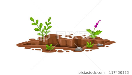 Hole pit in ground, deep dirty burrow in soil earth with stones and plants, cartoon vector. Dig pit hole hollow or underground burrow of groundhog and mole rodent animal in garden or forest ground 117430323