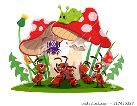 Ant characters rest after work. Cartoon termites taking a break under large, red-capped amanita mushrooms with cute slug atop, hanging spider and funny aphid insects as pets in a whimsical forest Ant characters rest after work. Cartoon termites taking a break under large, red-capped amanita mushrooms with cute slug atop, hanging spider and funny aphid insects as pets in a whimsical forest 117430327